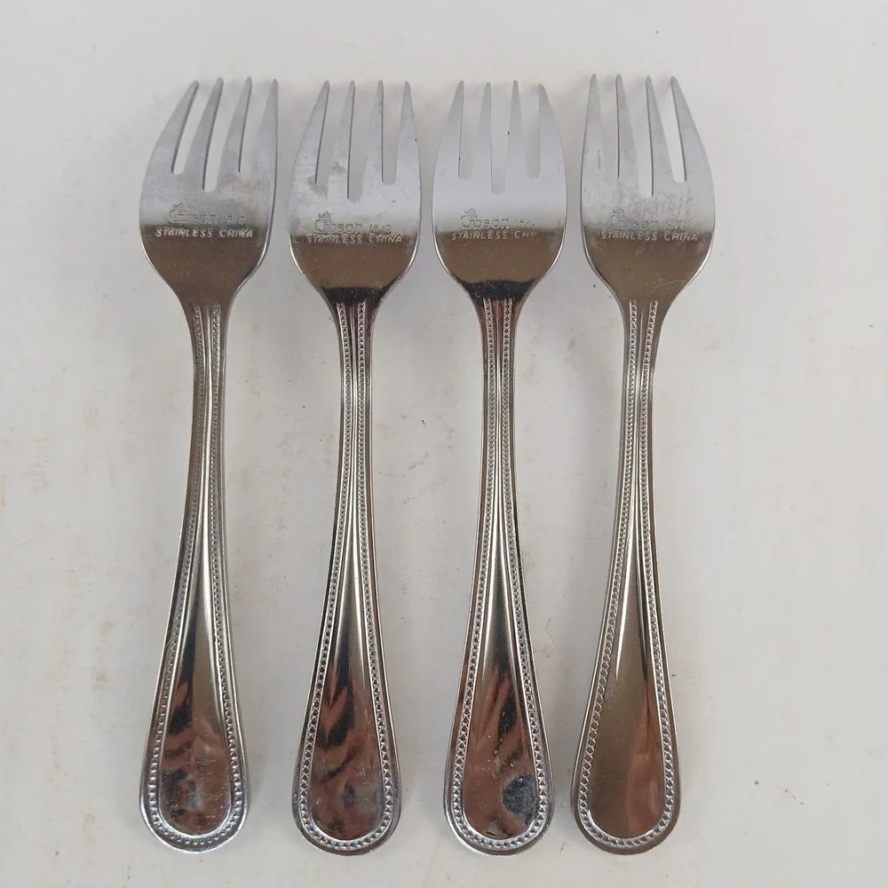 4-Gibson 18/0 Stainless Flatware BEADED Salad Forks 6 3/8